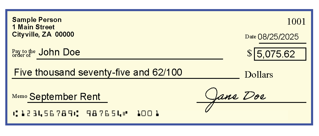 A properly filled-out check with a date, payee, payment amount in numbers and words, a signature and a memo.